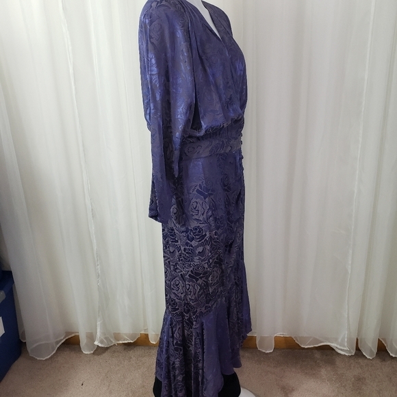 Vintage B.B. Collections purple floral wrap dress covered button mermaid hem 12 - Picture 7 of 14
